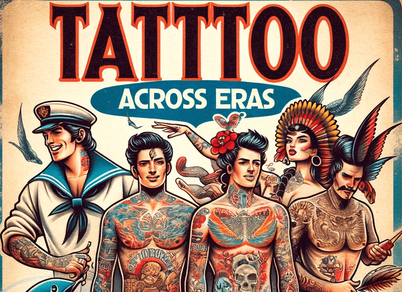 Illustration of diverse tattoo styles across different eras featuring men with historical and modern tattoos.