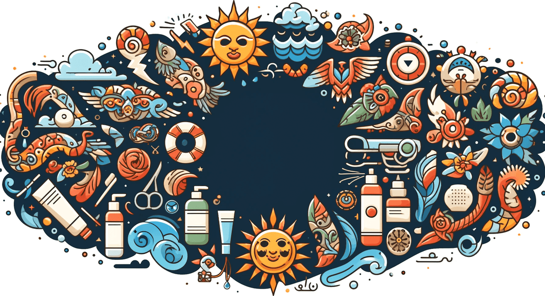 Tattoo aftercare essentials with colorful illustrations of suns, tattoo supplies, and various symbols.