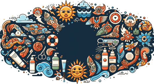 Tattoo aftercare essentials with colorful illustrations of suns, tattoo supplies, and various symbols.