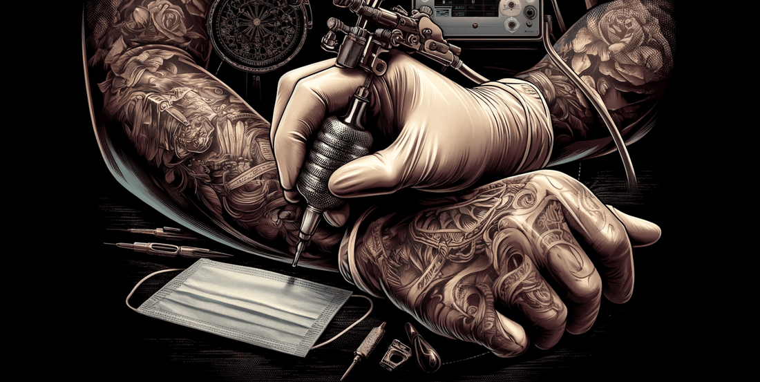 Tattoo artist's gloved hands holding tattoo machine near covered equipment for a safe and sterile work environment