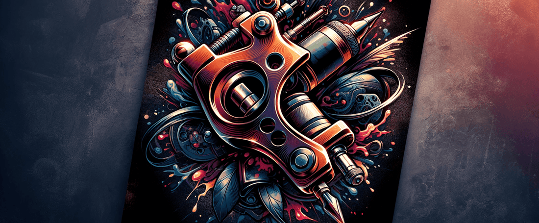 Artistic illustration of a tattoo machine surrounded by vibrant colors and intricate designs, representing essential tattoo artist equipment.