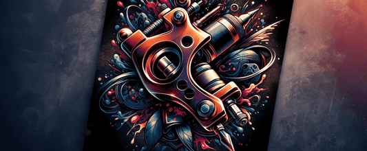 Artistic illustration of a tattoo machine surrounded by vibrant colors and intricate designs, representing essential tattoo artist equipment.