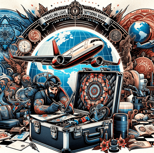 Tattoo artist preparing equipment for air travel, surrounded by tattoo tools, an open suitcase, and a flying airplane, with a global background